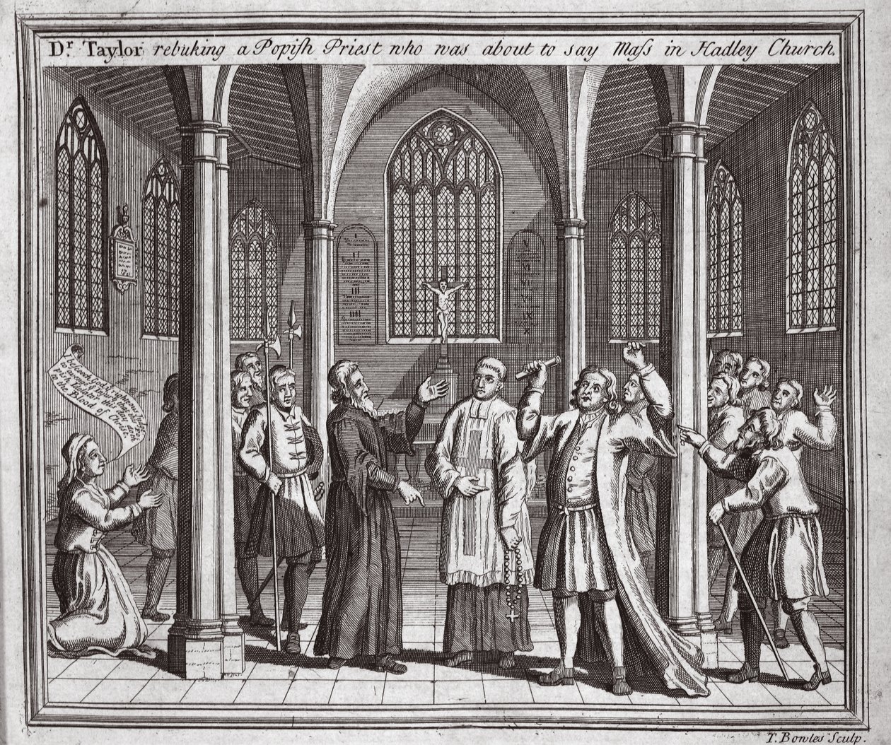 El Dr. Taylor reprendiendo a un sacerdote papista que estaba a punto de decir misa en la Iglesia de Hadley, ilustración de Mártires de Fox c.1703 de English School