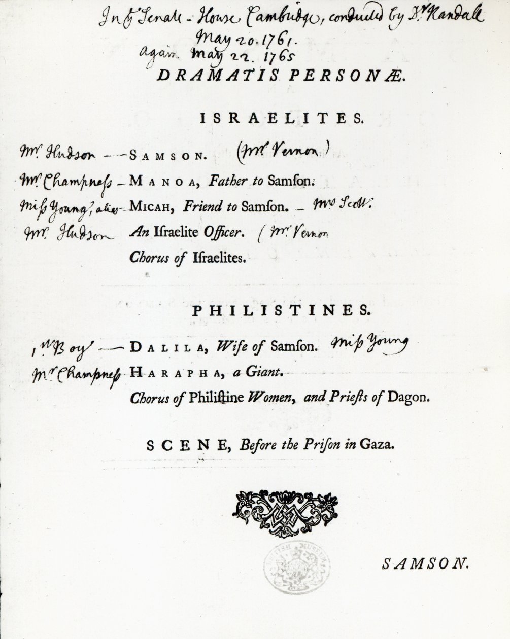 Dramatis Personae para Sansón, un oratorio de Handel, publicado en 1759 de English School