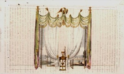Cortina de ventana de salón y mesa de trabajo, lámina 104 de Ackermann