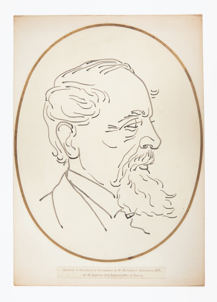 Dibujo de Charles Dickens por el Autómata ZOE de Mr Maskelyne de English School