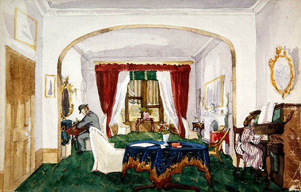 Interior de salón, mujer al piano, hombre con sombrero hongo escribiendo, c.1850 de English School