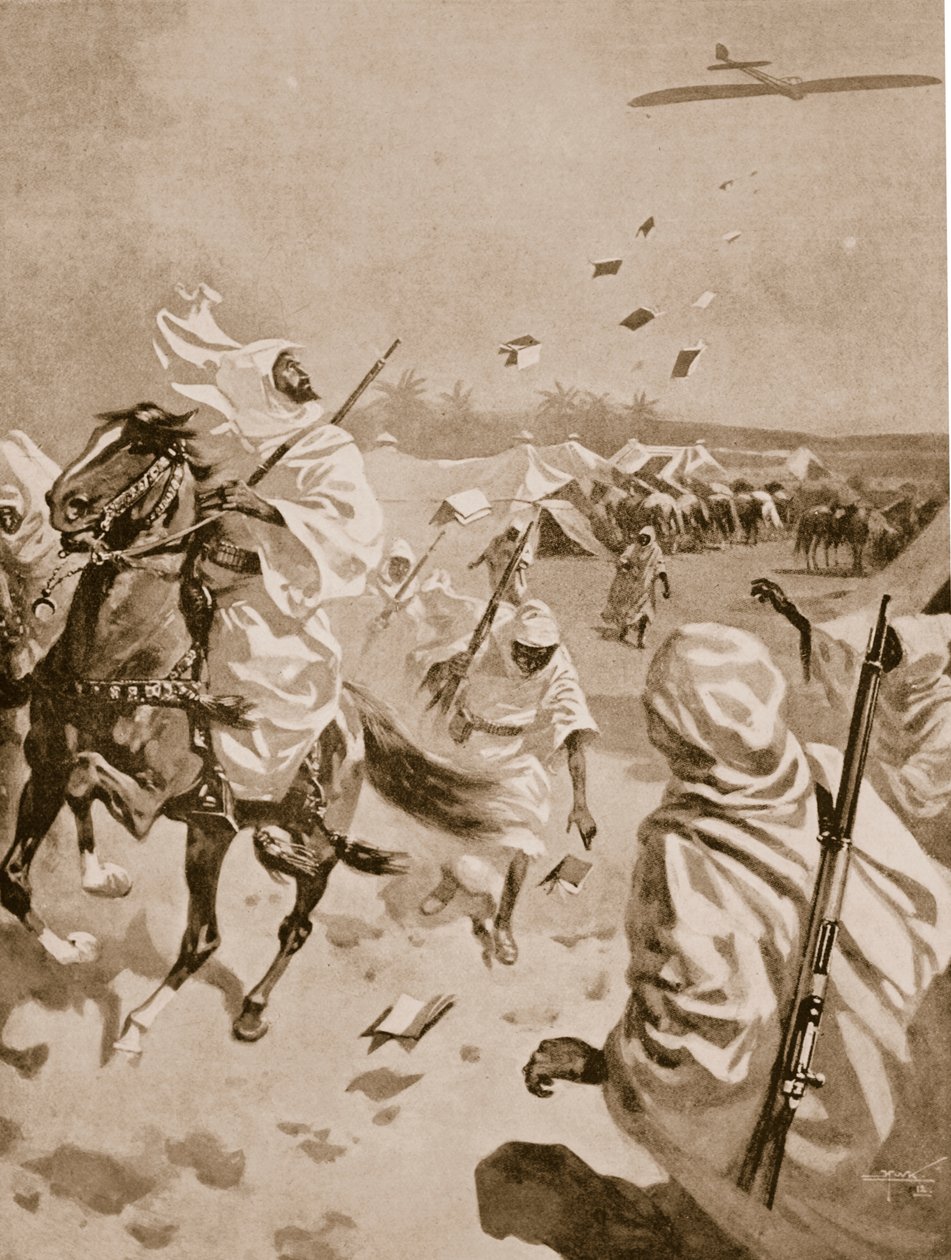 Lanzamiento de panfletos sobre los árabes durante la Guerra Italo-Turca, 1911-12 de English School