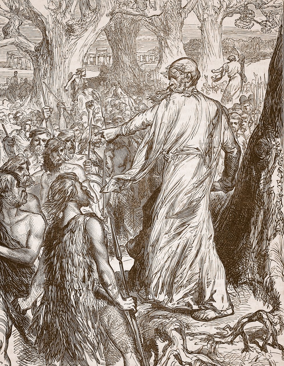 Druidas incitando a los britanos a oponerse al desembarco de los romanos, ilustración de Cassells Illustrated History of England de English School