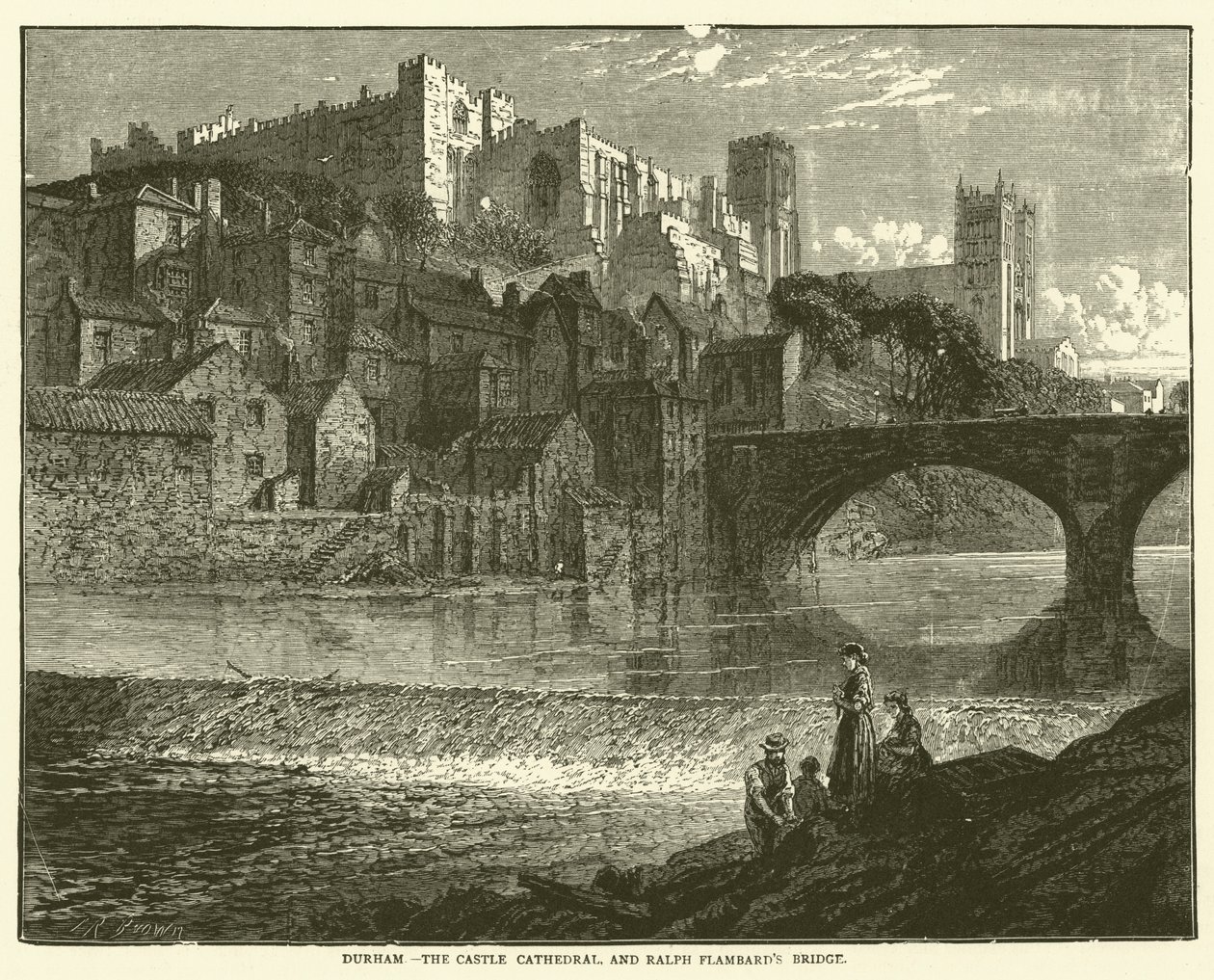 Durham, El Castillo Catedral, y el Puente de Ralph Flambard (grabado) de English School