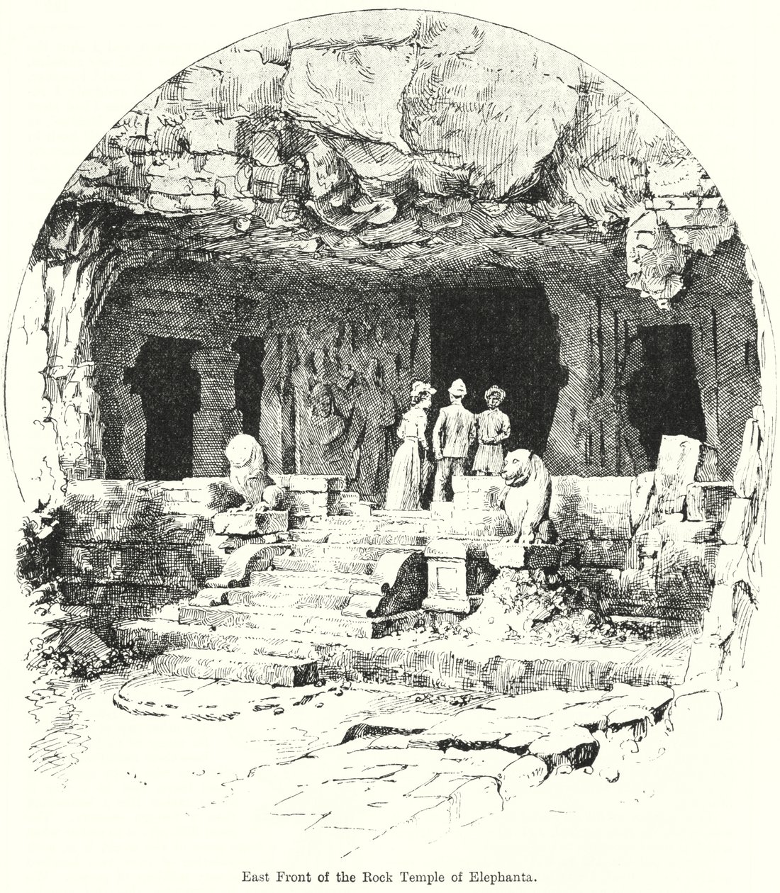Fachada este del templo rupestre de Elefanta (grabado) de English School