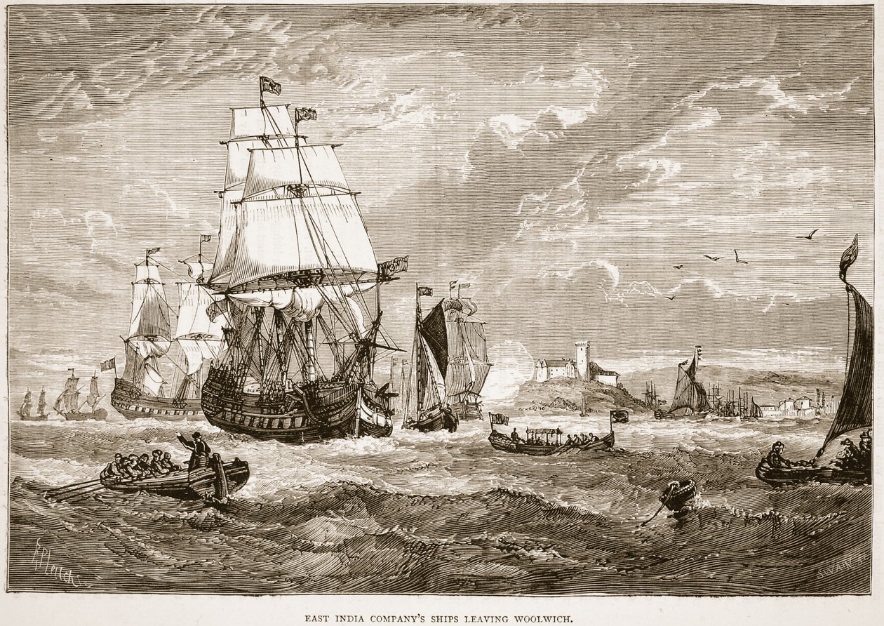 Barcos de la Compañía de las Indias Orientales saliendo de Woolwich, ilustración de Cassells Illustrated History of India de James Grant, pub. 1879 de English School