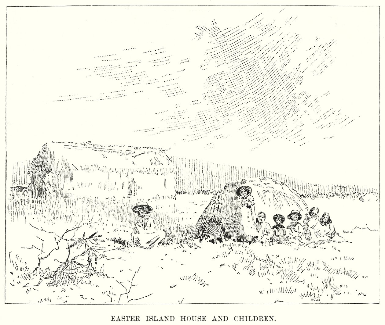 Casa y niños de la Isla de Pascua (grabado) de English School