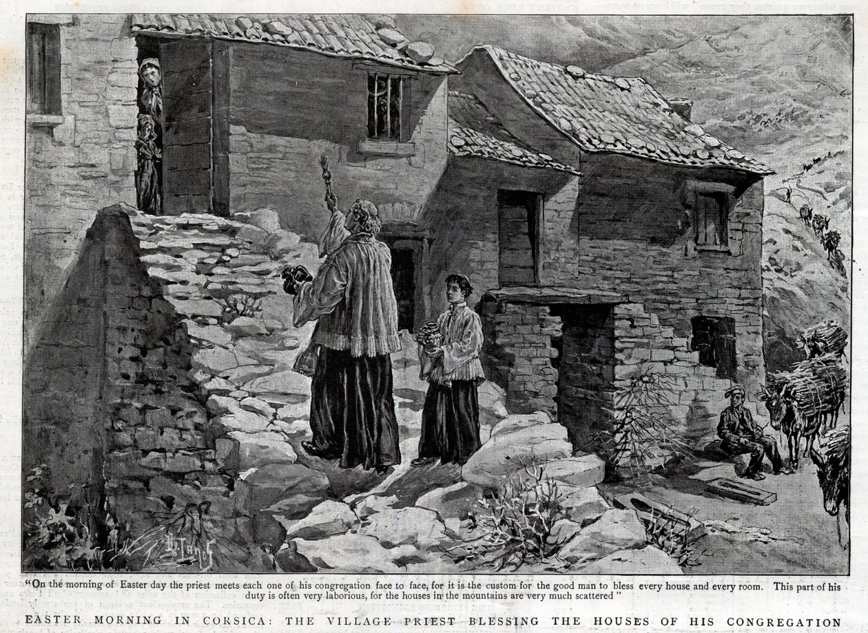 Mañana de Pascua en Córcega, el sacerdote del pueblo bendiciendo las casas de su parroquia - Ilustración para The Graphic de English School