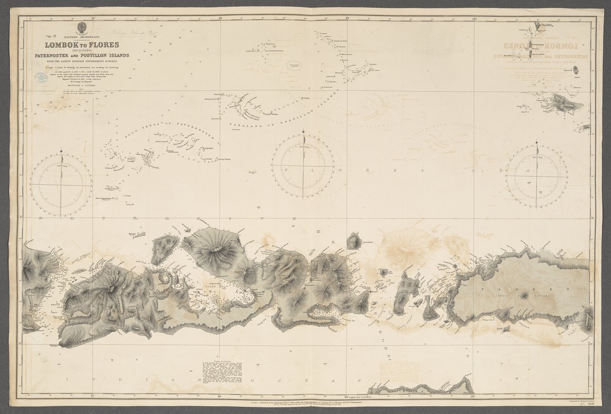 Archipiélago oriental, Lombok a Flores, incluidas las islas Paternoster y Postillon; de… Encuestas del gobierno de Batavia. [Carta del Almirantazgo], Londres de English School