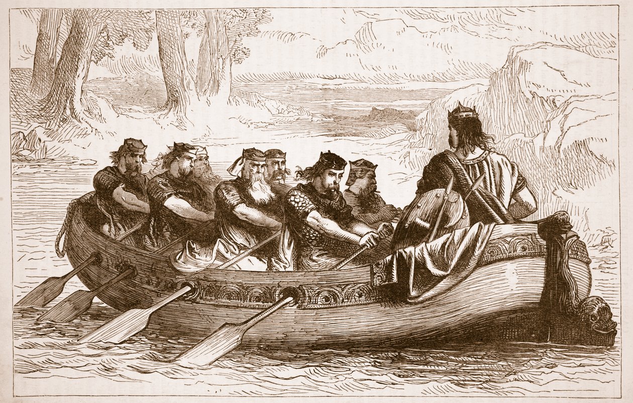 Edgar el Pacífico siendo remado por el río Dee por ocho príncipes tributarios, ilustración de Cassells Illustrated History of England de English School