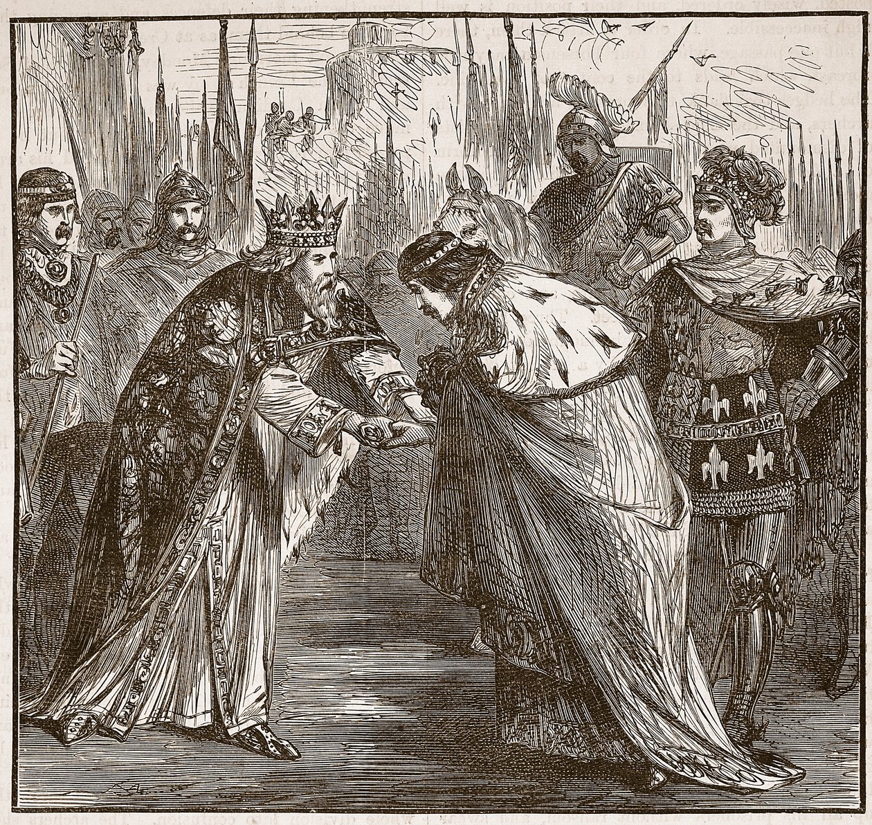 Eduardo recibiendo al Rey Juan de Francia, ilustración de Cassells Illustrated History of England de English School