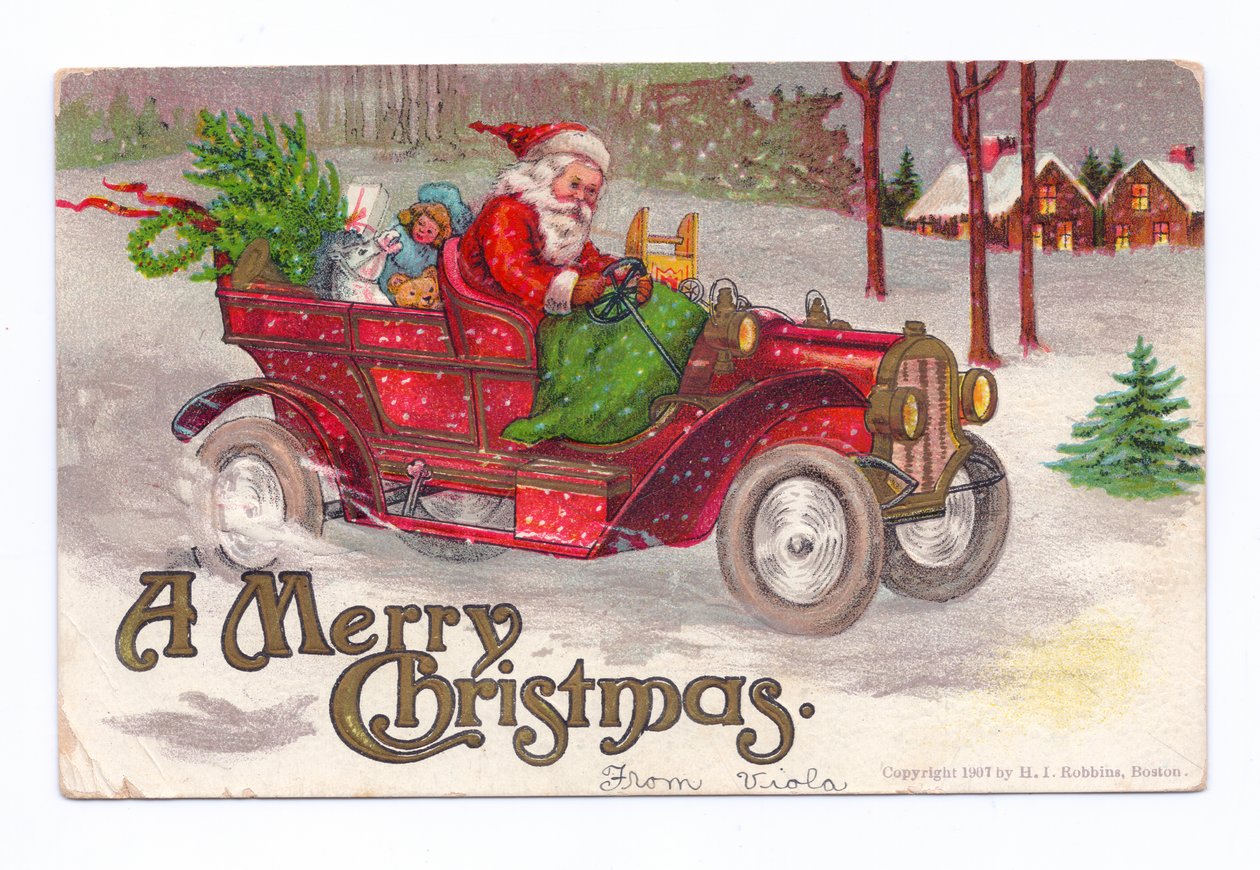 Postal navideña eduardiana de Papá Noel conduciendo un coche antiguo por la nieve, c.1910 (litografía en color) de English School
