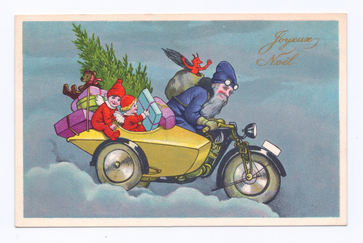 Postal navideña eduardiana de Papá Noel conduciendo una motocicleta sidecar de época con niños y regalos, c.1910 (litografía en color) de English School
