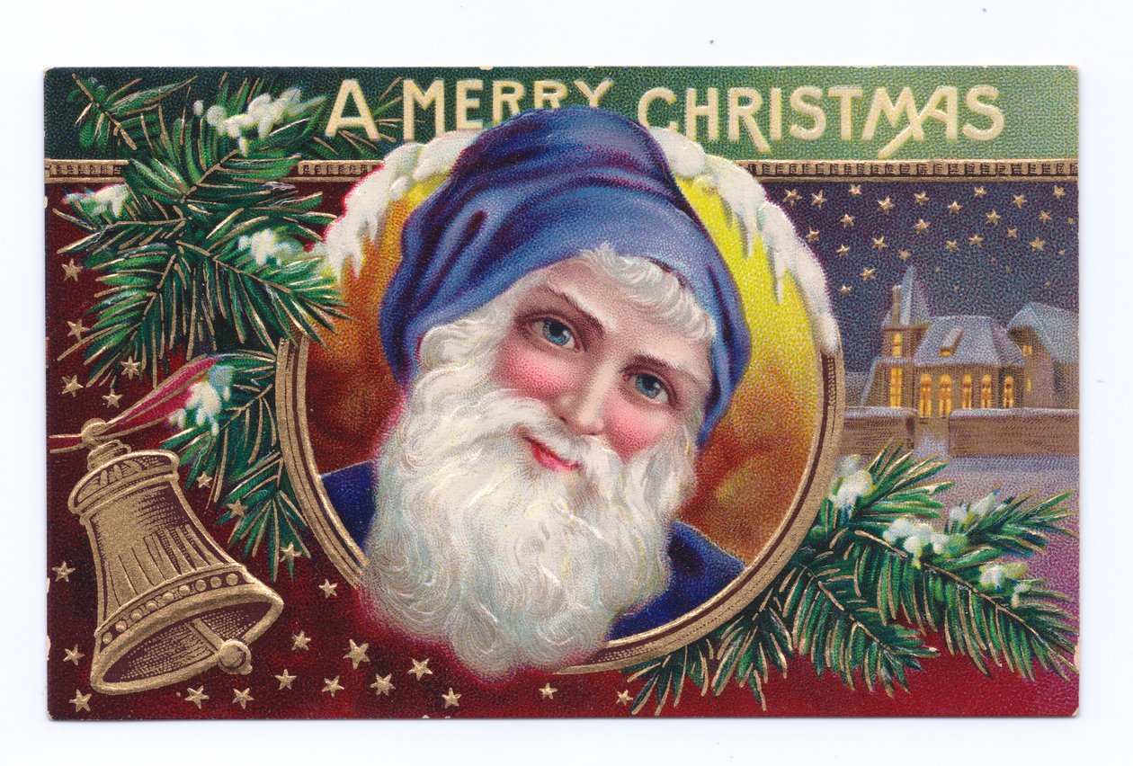 Postal navideña eduardiana de Papá Noel con muérdago y una campana, c.1910 (litografía en color) de English School