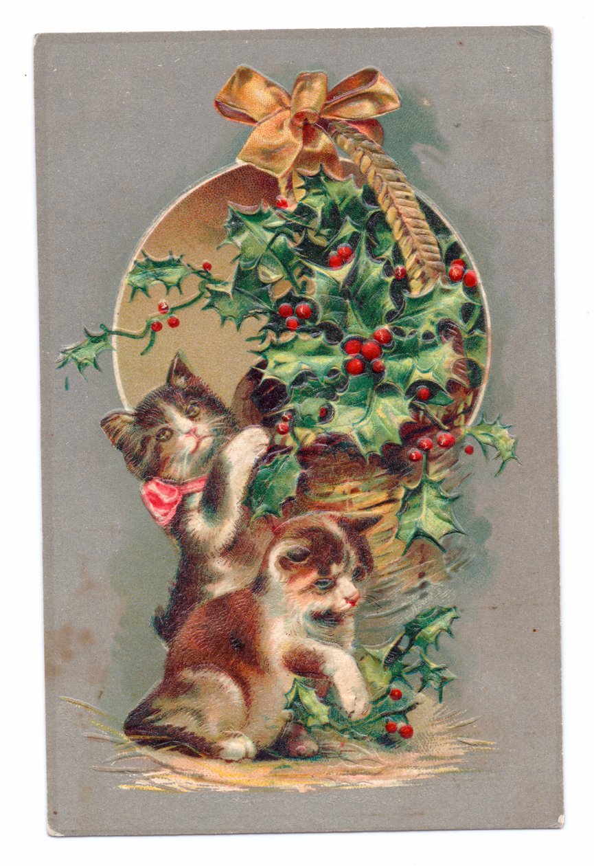 Postal eduardiana de dos gatos jugando con un acebo, c.1910 (litografía en color) de English School