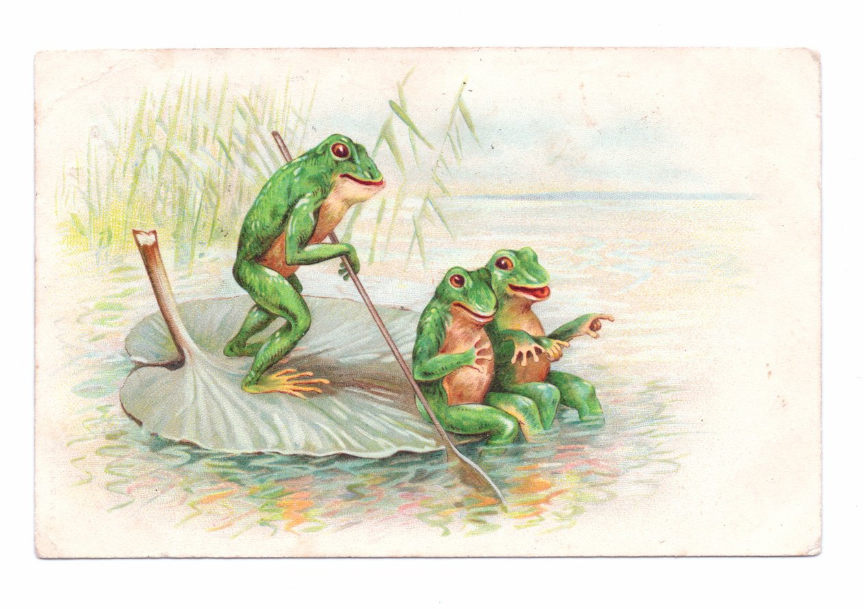Tarjeta postal eduardiana de dos ranas sentadas en una barca de nenúfares mientras una tercera rema, c.1910 (litografía en color). de English School