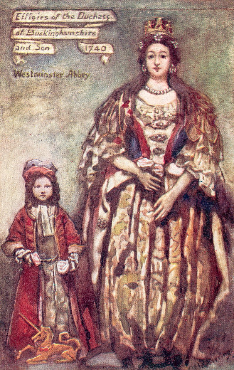 Efigies de la duquesa de Buckingham y su hijo en la abadía de Westminster (litografía en color) de English School