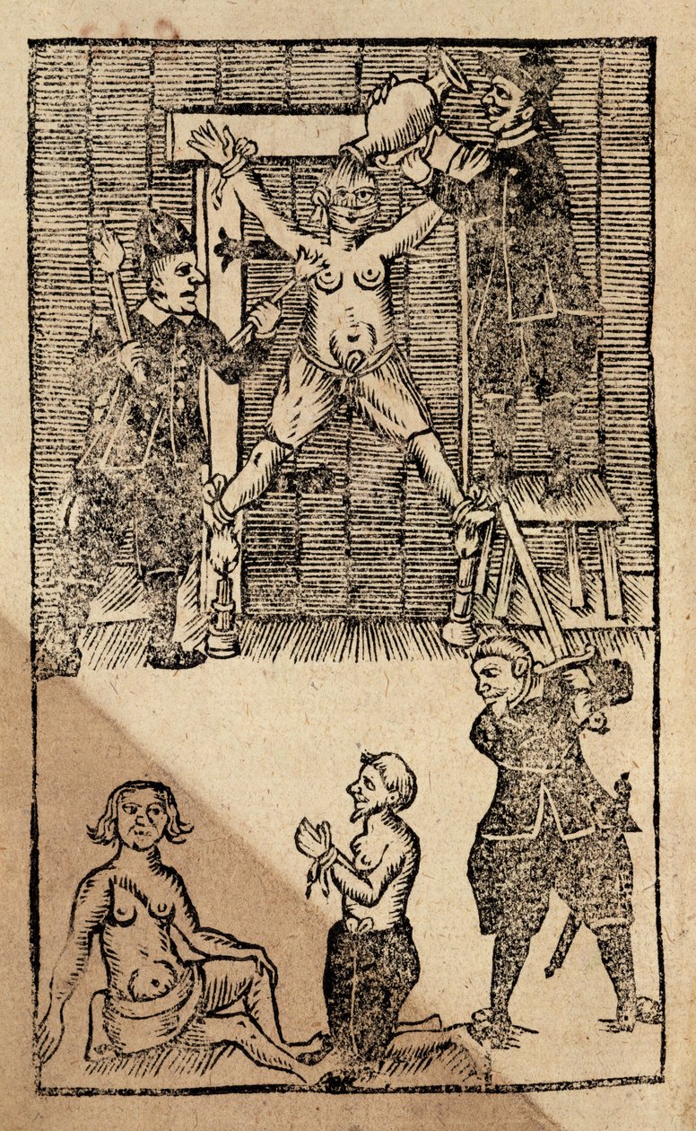 Eg 1475 f.1 Colonos holandeses en Amboyna torturan a un mercader inglés antes de la masacre de 1623 que puso fin al comercio británico en las Indias Orientales (xilografía) de English School