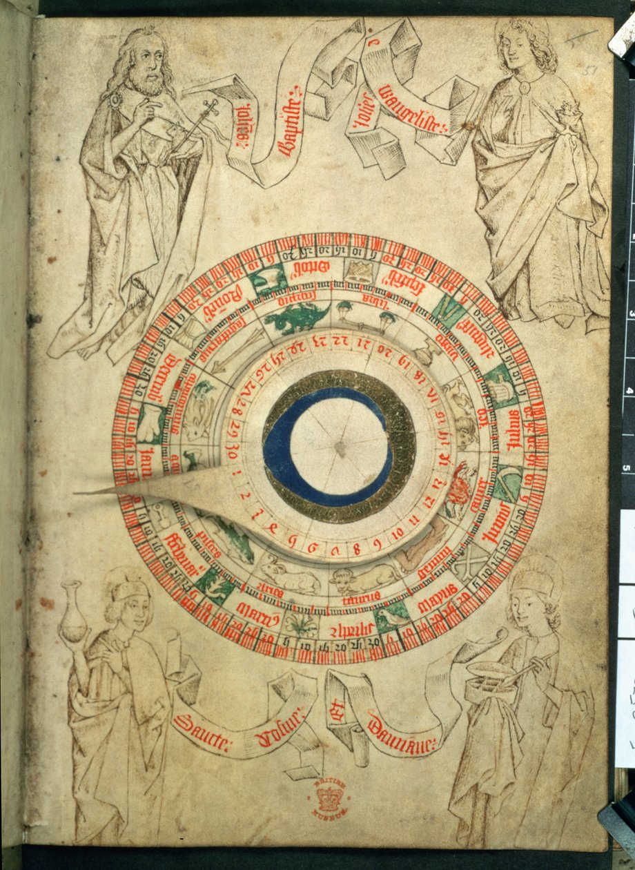 Egerton Ms 2575 fol.51 El volvelle del barbero-cirujano, finales del siglo XV (vitela) de English School