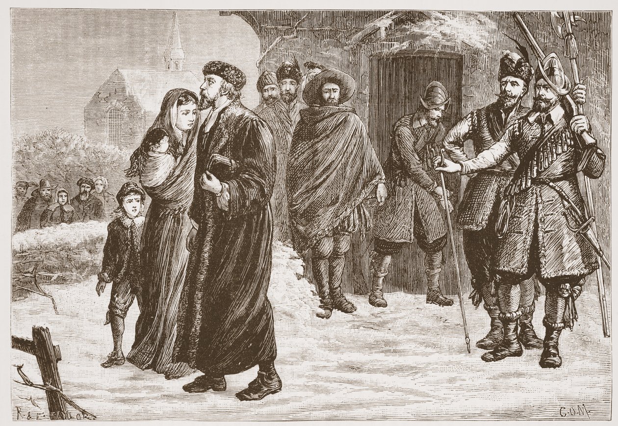 Expulsión de un pastor protestante húngaro en invierno, ilustración de La Historia del Protestantismo de James Aitken Wylie (1808-1890), pub. 1878 de English School