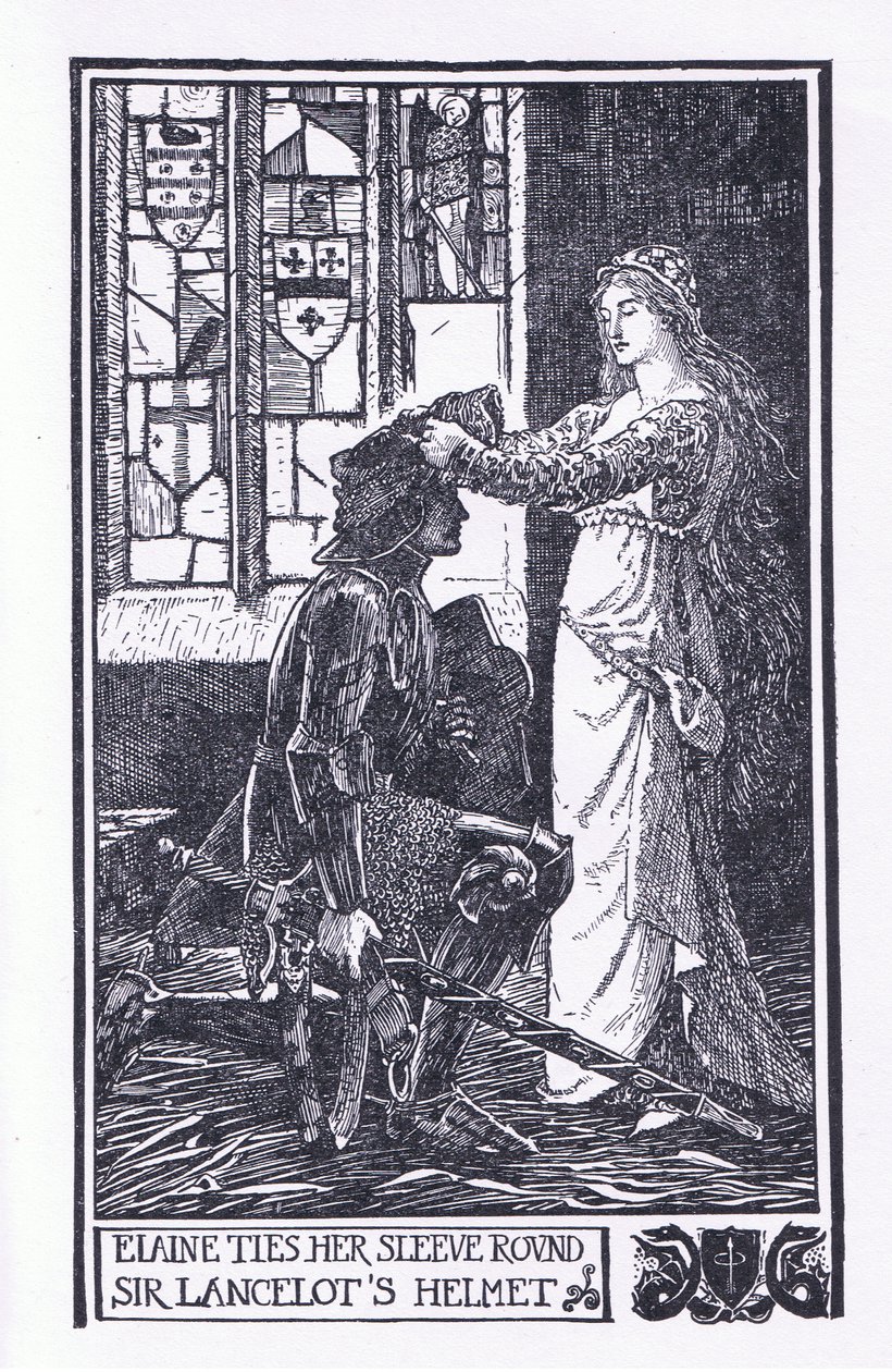 Elaine ata su manga alrededor del casco de Sir Lancelot, ilustración de "The Book of Romance" publicado por Longmans Green and Co. de English School