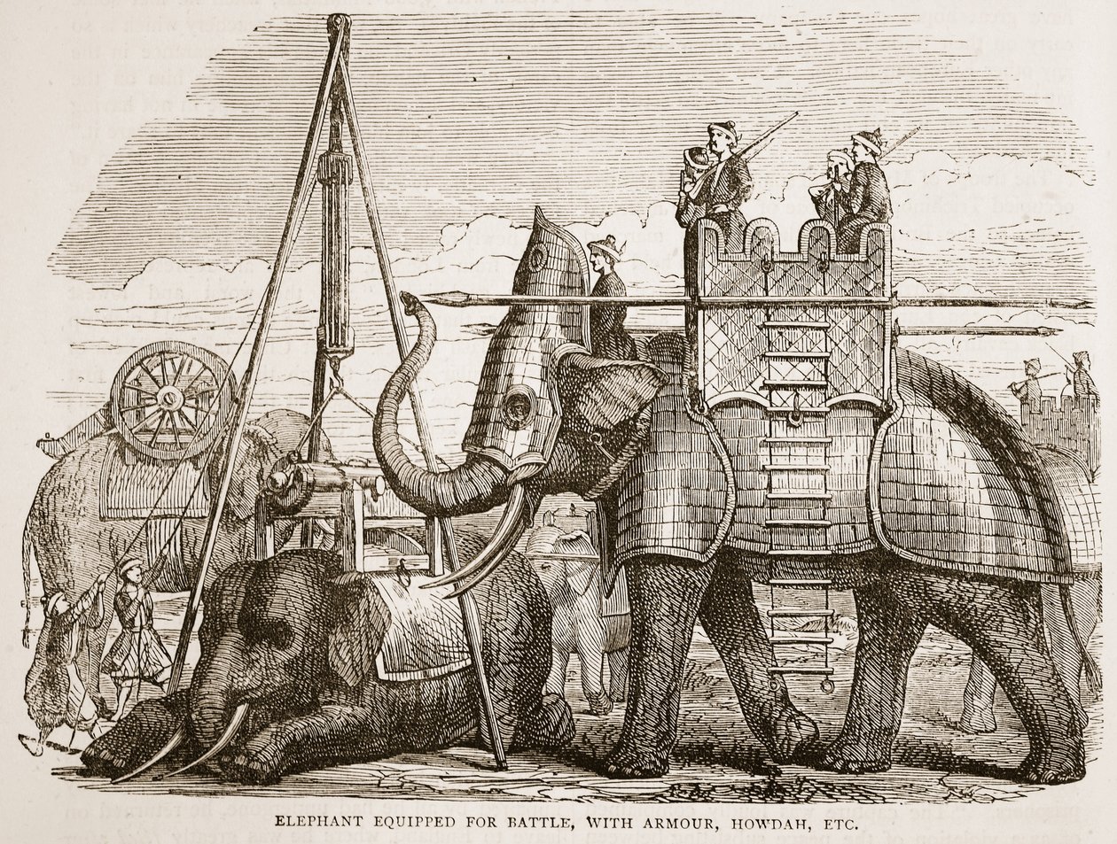 Elefante equipado para la batalla, con armadura, howdah, etc., ilustración de Cassells Illustrated History of India de James Grant, pub. 1879 de English School