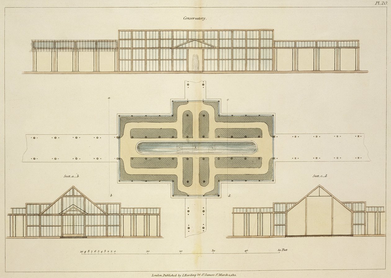 Elevaciones y plano de una casa de cristal, de Hints on the Formation of Gardens and Pleasure Grounds por John Claudius Loudon (1783-1843) publicado en 1812 de English School
