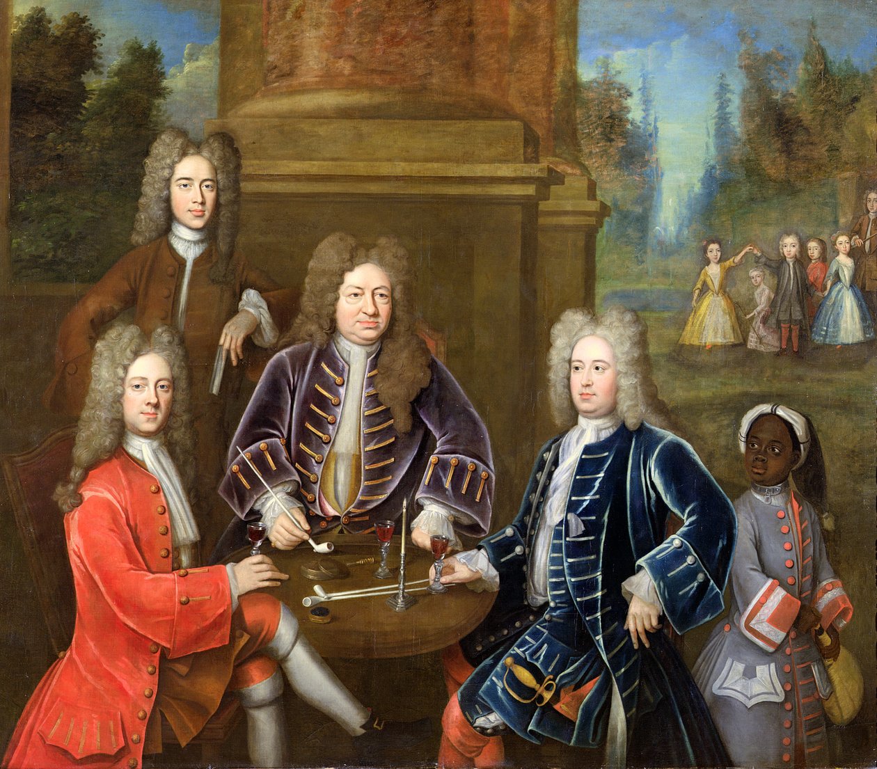 Elihu Yale, el segundo duque de Devonshire, Lord James Cavendish, Mr Tunstal y un paje, c.1708 de English School