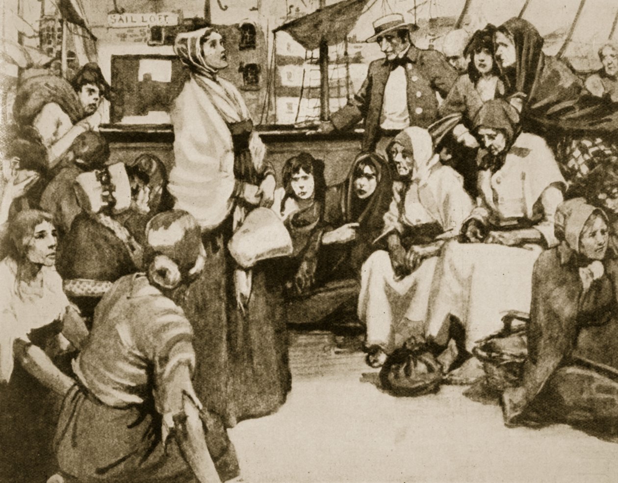 Elizabeth Fry hablando con los prisioneros en un barco de convictos de English School