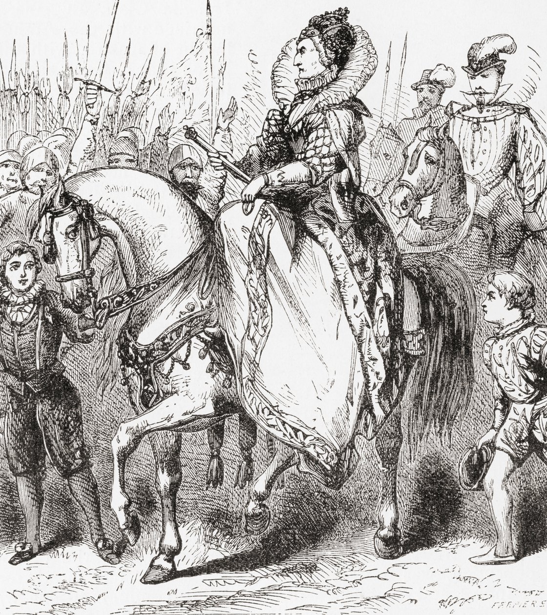 Isabel I inspeccionando sus tropas en el Puerto de Tilbury, 1588, de Ward y Locks Historia Ilustrada del Mundo, pub. c.1882 de English School