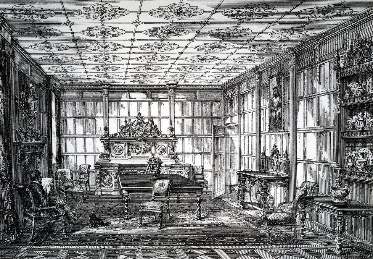 Comedor isabelino, publicado en The House-Furnisher & Decorator, 1 de octubre de 1872 de English School