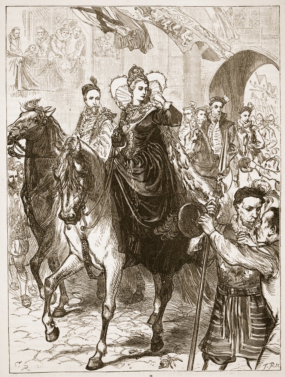 Entrada pública de Isabel en Londres, ilustración de la Historia Ilustrada de Inglaterra de Cassell de English School