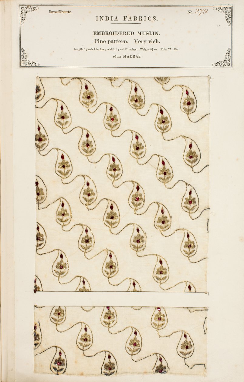 Muestra de muselina bordada de Madrás, de La Colección de los Fabricantes de Textiles de la India, por John Forbes Watson, publicada en 1866 de English School