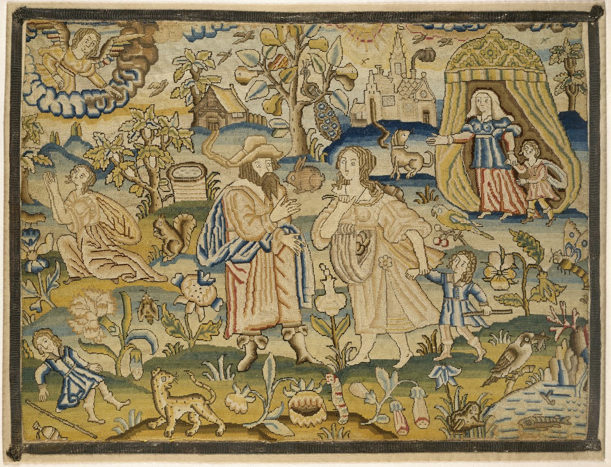 Imagen bordada: Despedida de Agar por Abraham, mediados del siglo XVII de English School