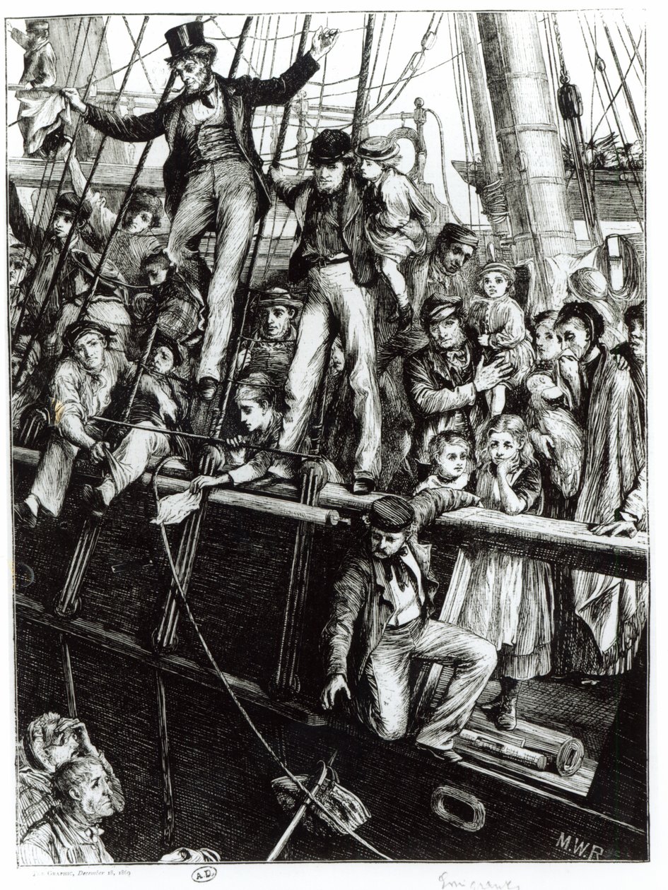 Emigrantes dejando la Vieja Inglaterra, de la revista The Graphic, 18 de diciembre de 1869 de English School