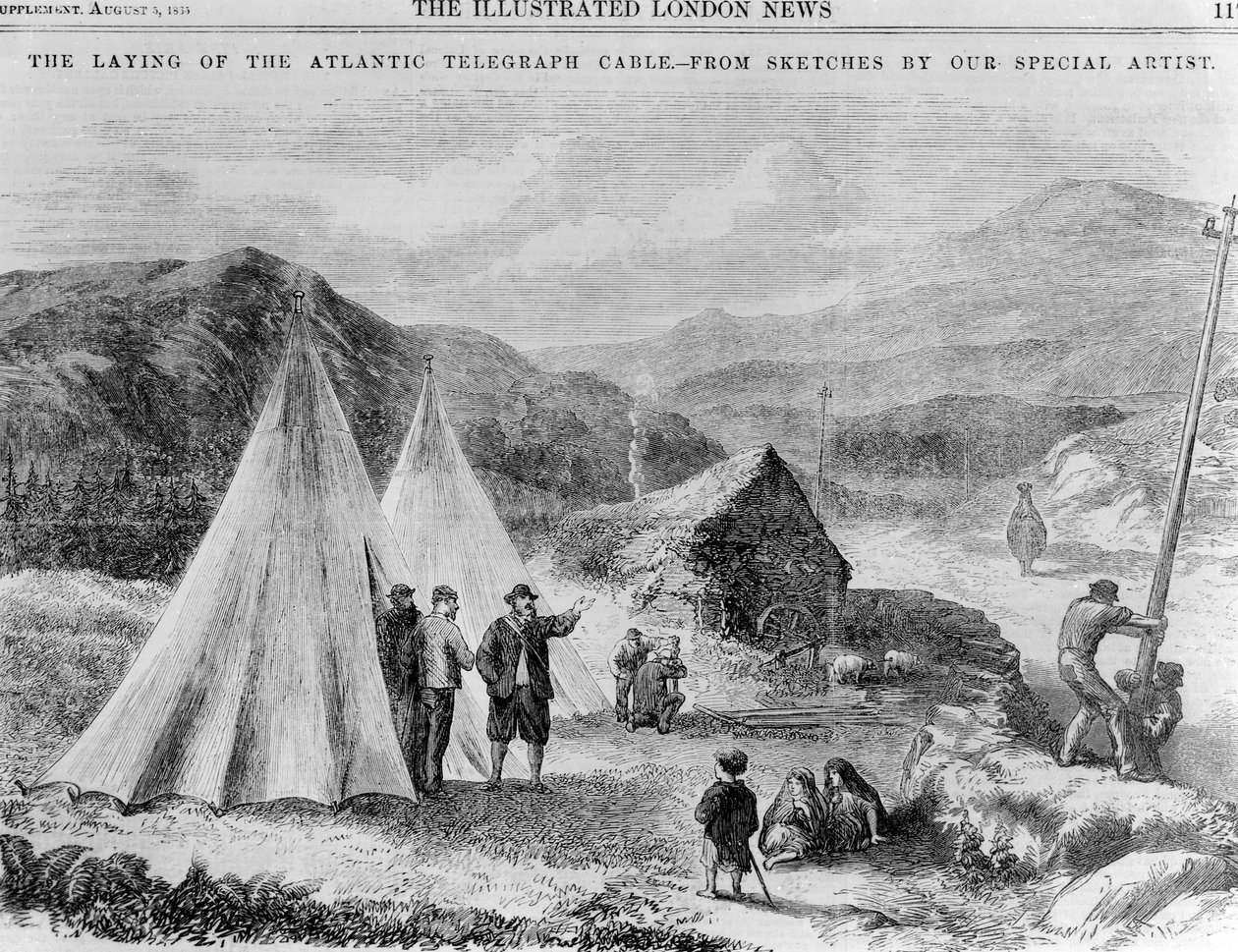 Campamento de trabajadores de la compañía de telégrafos en el camino entre Killarney y Valencia de English School