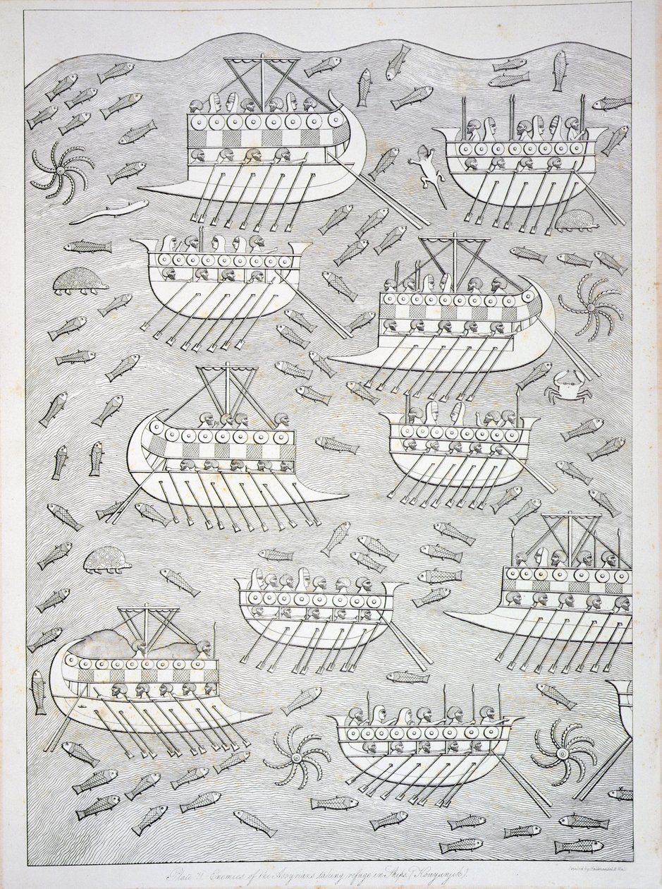 Enemigos de los asirios refugiándose en barcos, lámina 71 de Nínive y sus Restos de Austen Henry Layard, publicado en 1849 de English School