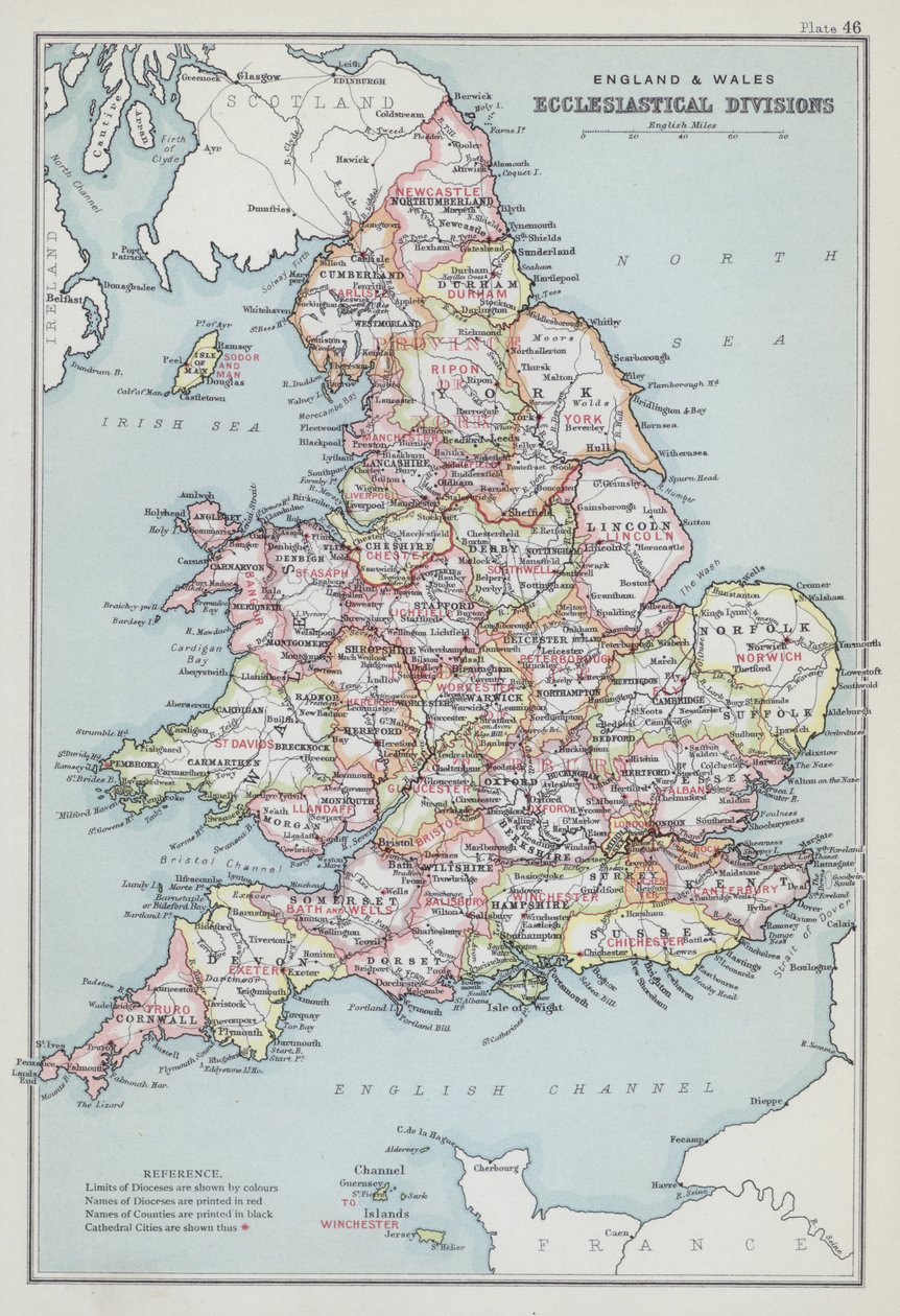 Inglaterra y Gales, divisiones eclesiásticas (litografía en color) de English School