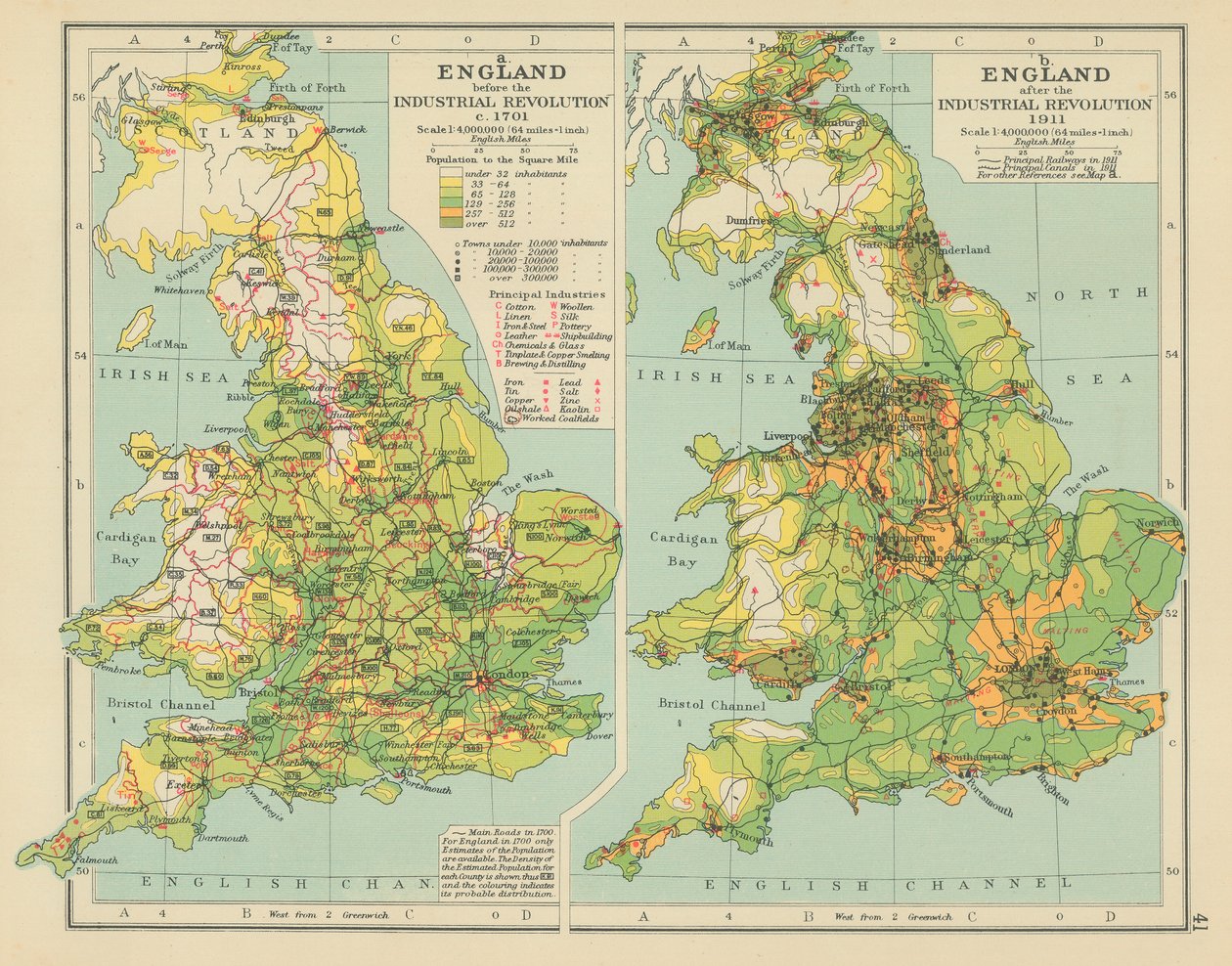 Inglaterra antes de la Revolución Industrial c 1701. Inglaterra después de la Revolución Industrial 1911 (litografía en color) de English School