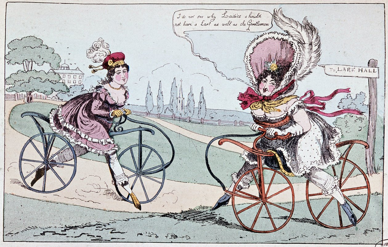 Caricatura inglesa sobre caballos de hobby en 1819 (primeras bicicletas) - en "El ciclismo teórico y práctico" por Baudry de Saulnier de English School