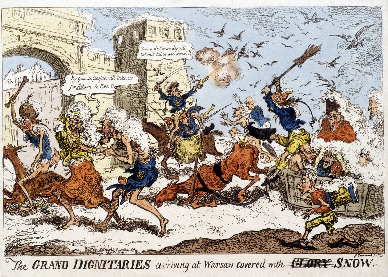 Caricatura inglesa sobre la llegada del ejército napoleónico a Varsovia bajo la nieve tras la retirada rusa en diciembre de 1812. de English School