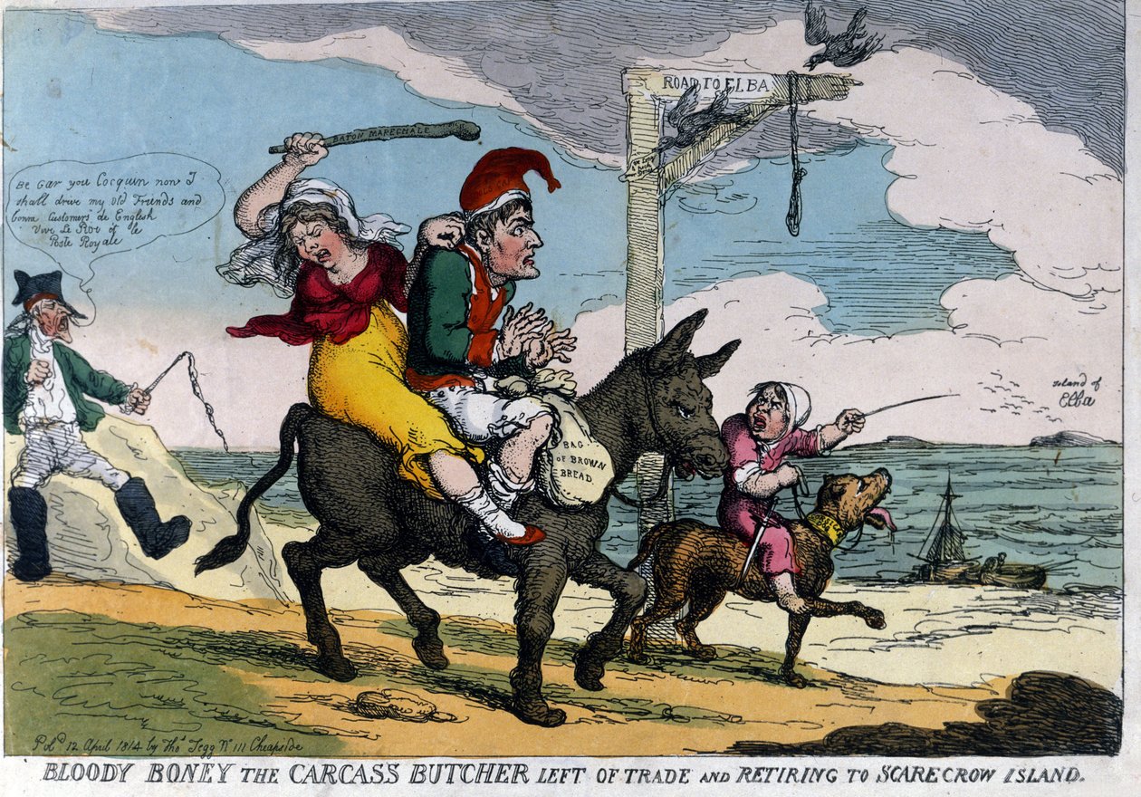 Caricatura inglesa sobre el exilio del Emperador Napoleón I representado en un burro en ruta a la Isla de Elba. 04/1814. de English School