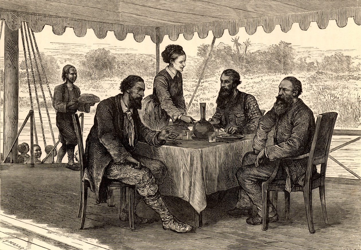 Los exploradores ingleses John Hanning Speke (1827-1864) y James Augustus Grant (1827-1892) en Gondokoro, al sur de Sudán, al final de su expedición, donde fueron recibidos por Samuel (1821-1893) y Florence (1841-1916) Baker (grabado). de English School