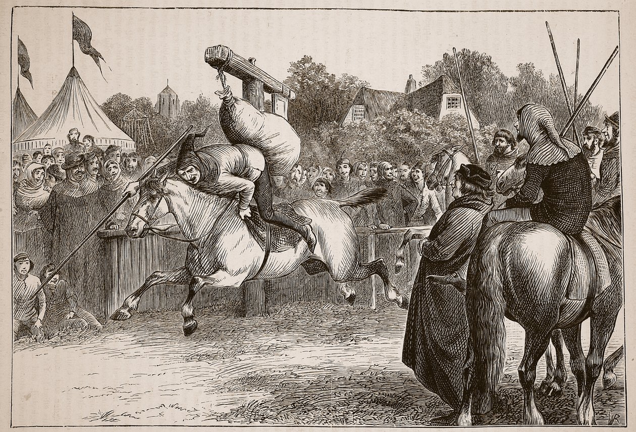 Fiesta inglesa en el siglo XIV: Justa en el Quintain, ilustración de Cassells Illustrated History of England de English School