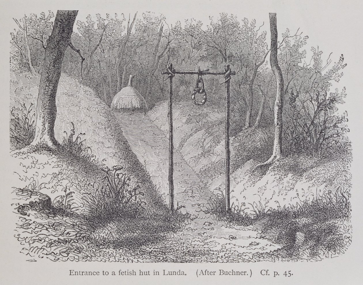 Entrada a una choza fetiche en Lunda, de La Historia de la Humanidad, Vol.1, por Prof. Friedrich Ratzel de English School