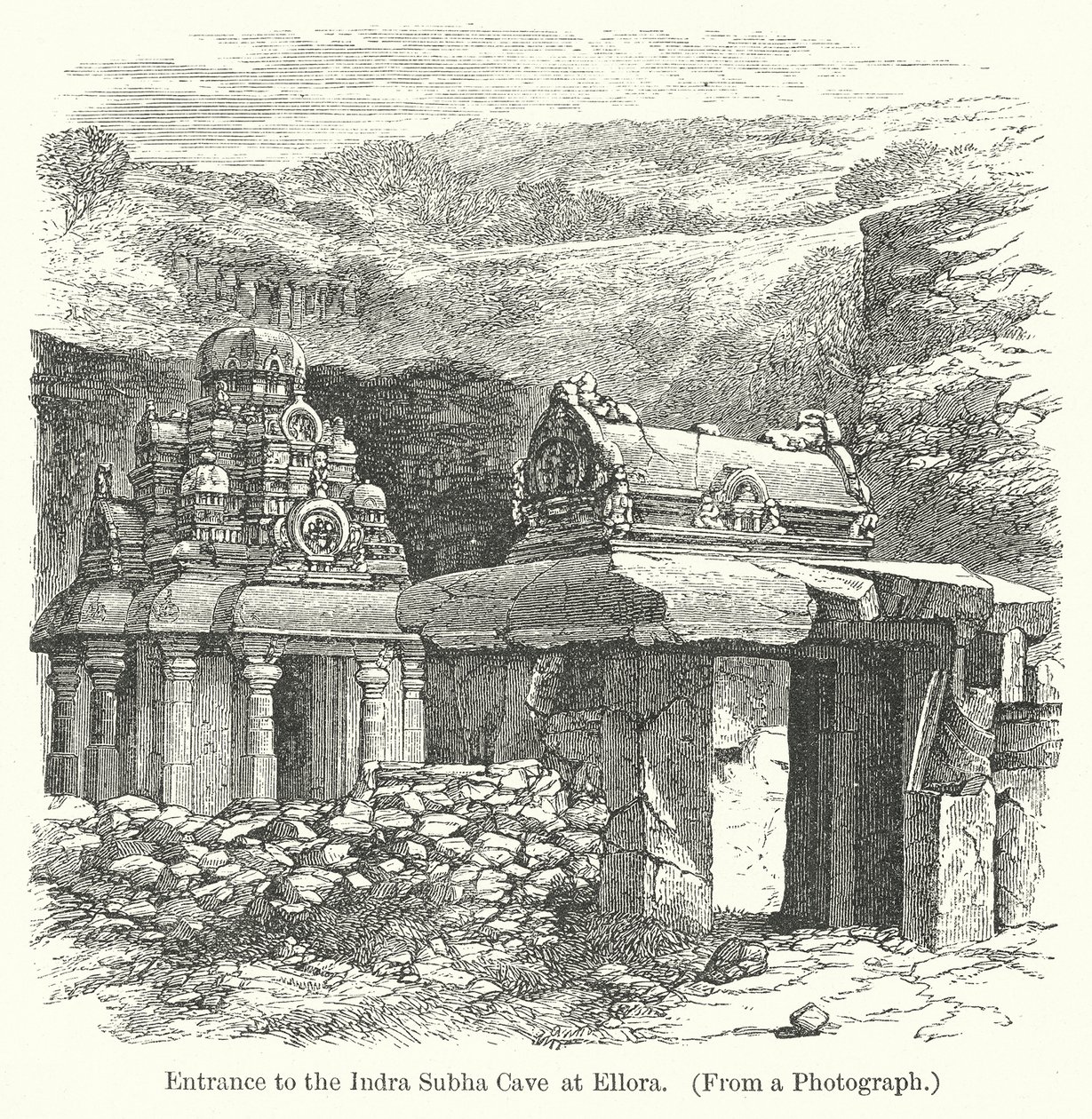 Entrada a la cueva de Indra Subha en Ellora (grabado) de English School