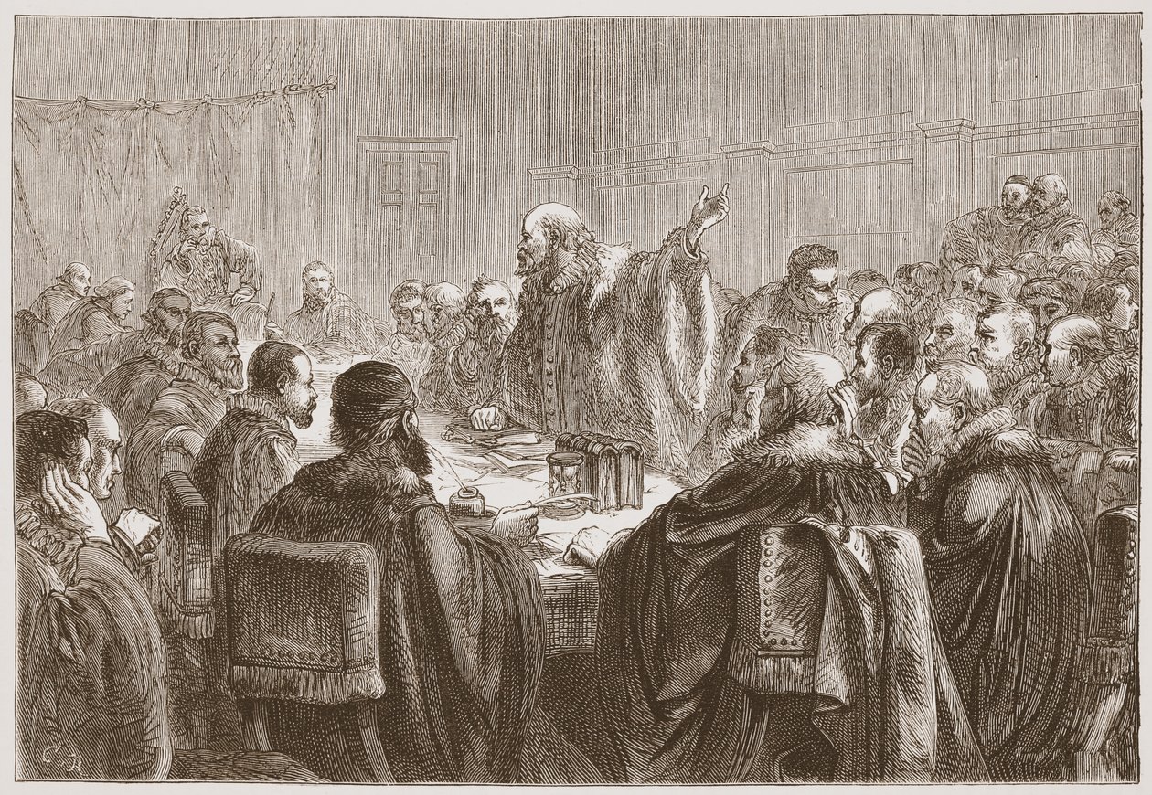 Episcopius dirigiéndose a los miembros del Sínodo de Dort, ilustración de La Historia del Protestantismo de James Aitken Wylie (1808-1890), pub. 1878 de English School