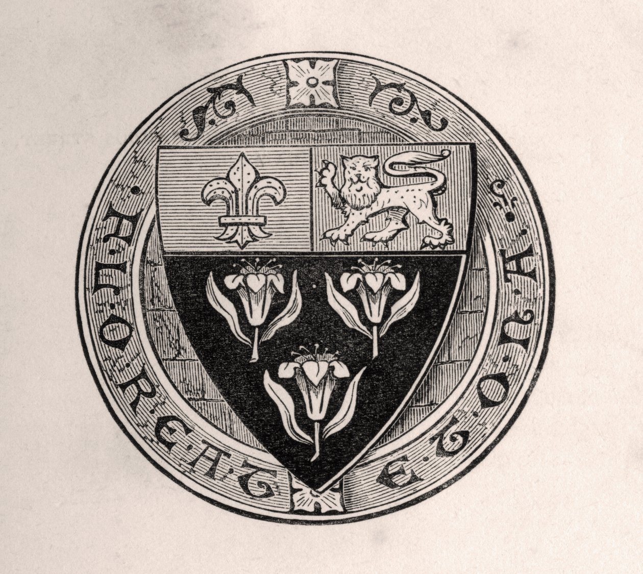 Escudo de Eton sobre un medallón con el lema de la escuela, ilustración de Memorias de Etonianos Eminentes, por Sir Edward Creasy, publicado en Londres 1876 de English School
