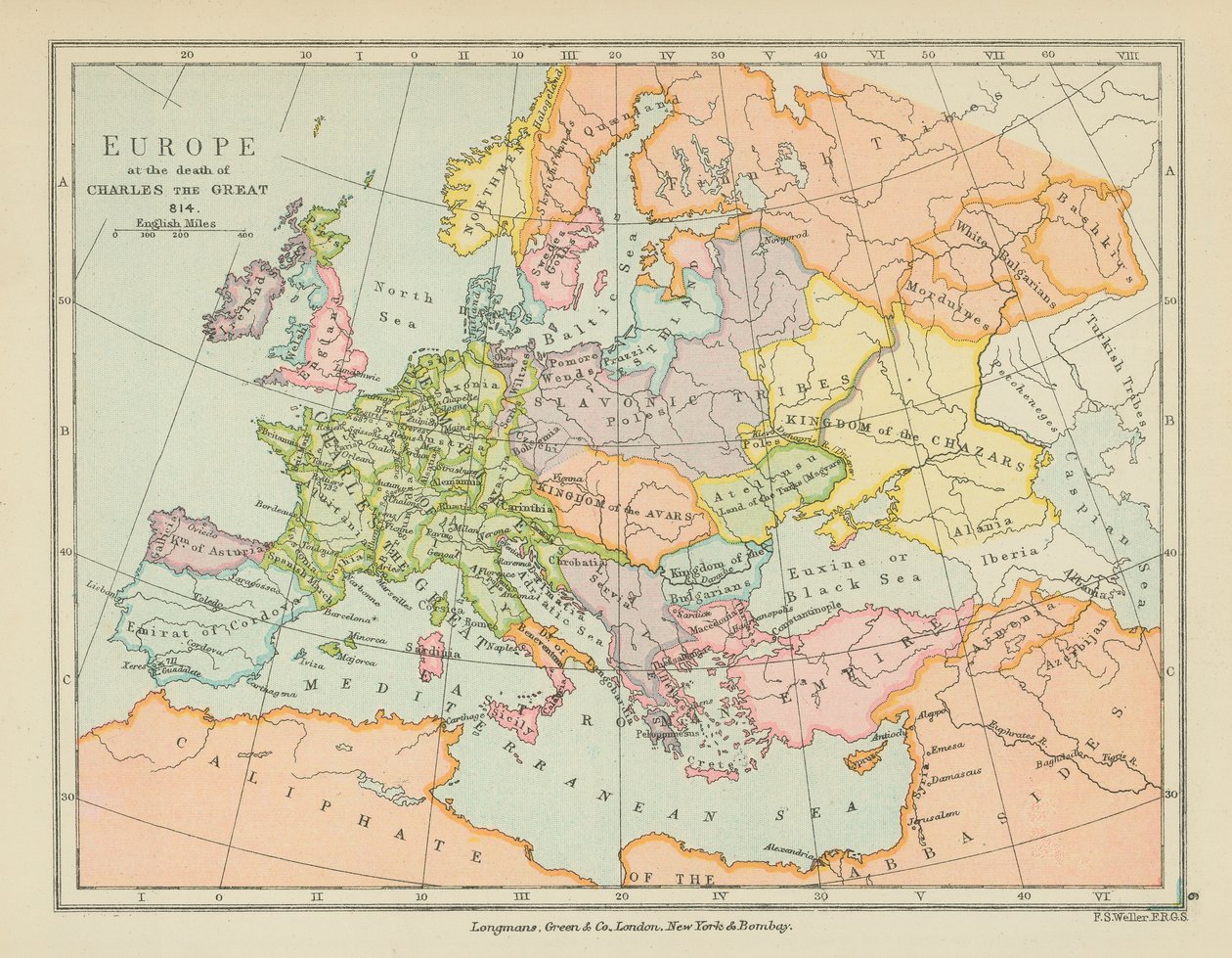 Europa a la muerte de Carlos el Grande (litografía en color) de English School