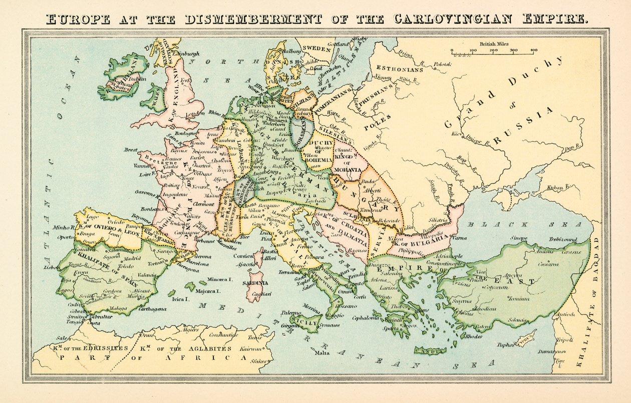 Europa en el desmembramiento del Imperio carlovingio (litografía en color) de English School